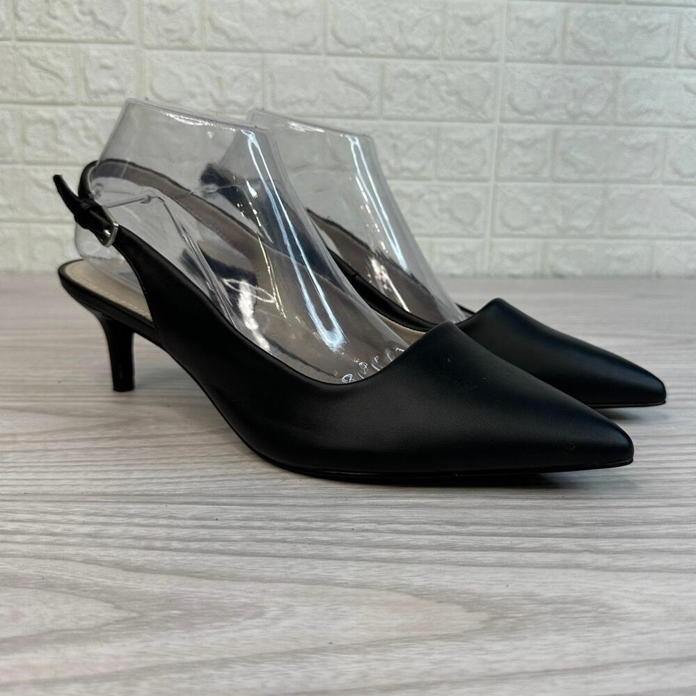 French Connection Quinn Slingback Pumps Sz 10 Black Pointed Kitten Heels Classic - Picture 2 of 9